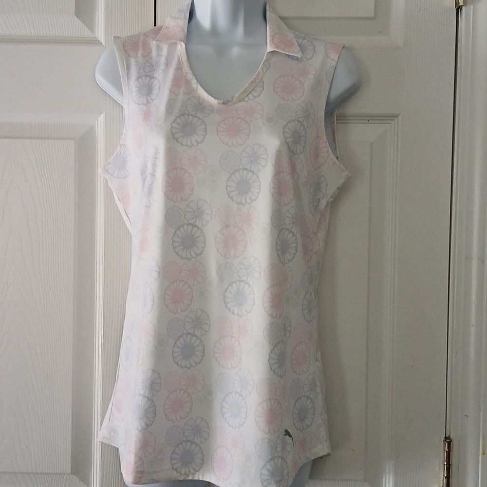 Puma sleeveless golf polo pink purple floral blouse Sz S NWOT